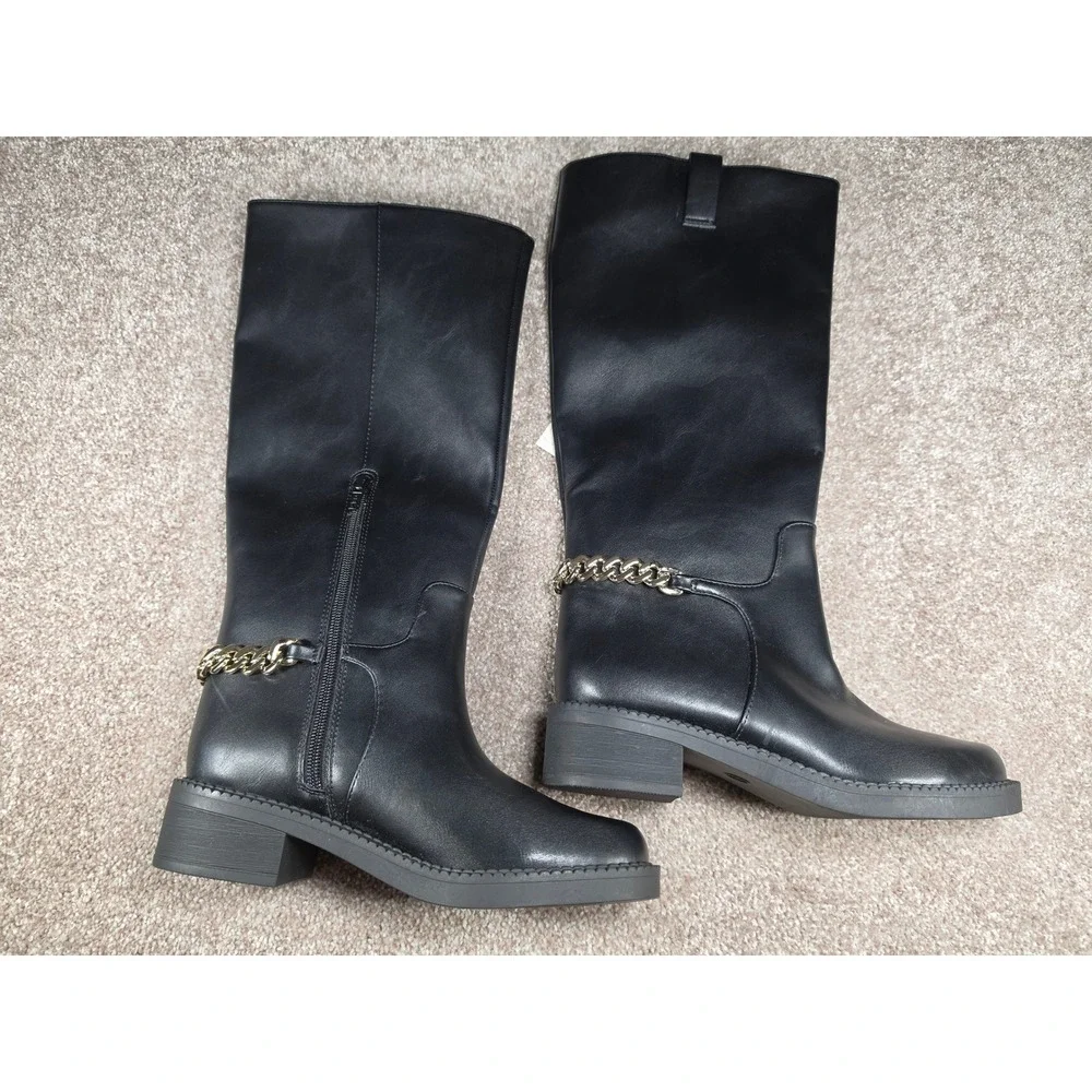 A New Day Bobbi Black Tall Boots Gold Chain Detail Memory Foam Size 6.5 NWT